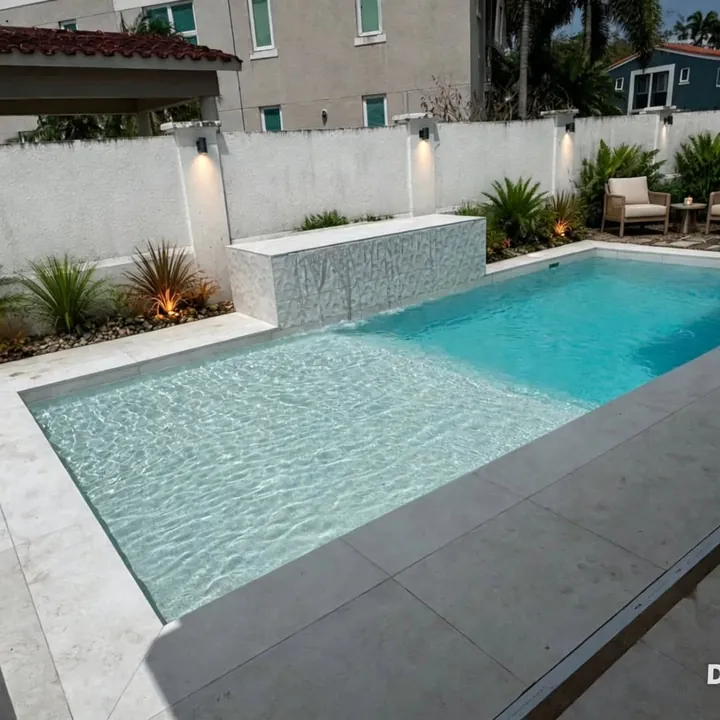 Piscina de lujo con camastros y jardinería en una residencia panameña