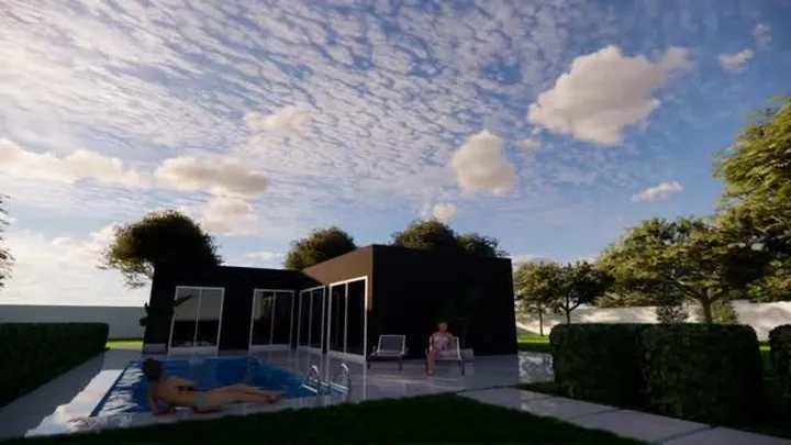 Piscina rodeada de palmeras con pérgola y muro oscuro