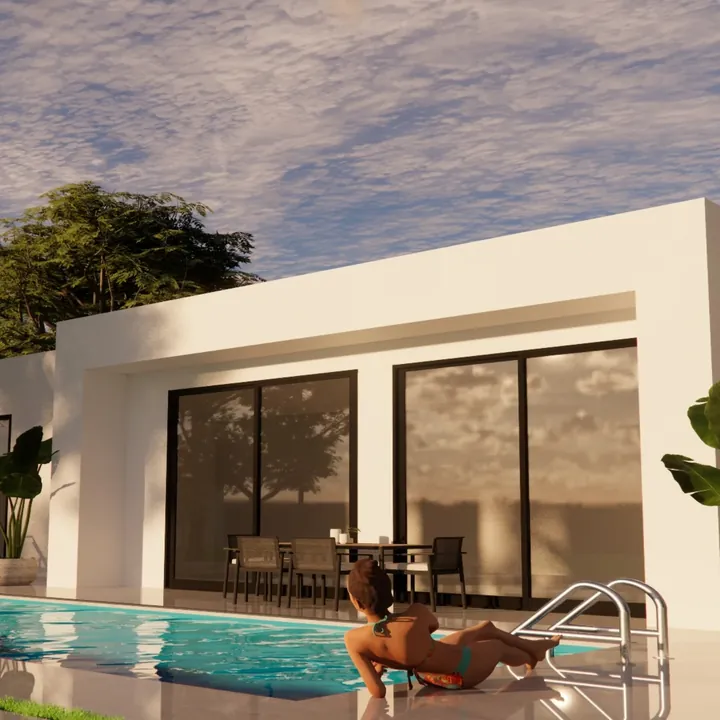 Terraza techada con muebles junto a la piscina