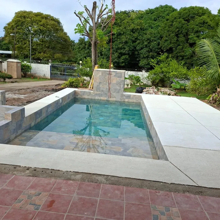 Área exterior con piscina, muro en piedra y jardinería